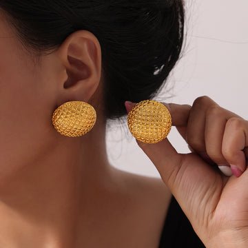 Gold Steel Pyramid Texture Dome Stud Earrings Oversized