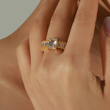 Gold Open Ribbed Ring Square Center Clear Zircon Baguettes
