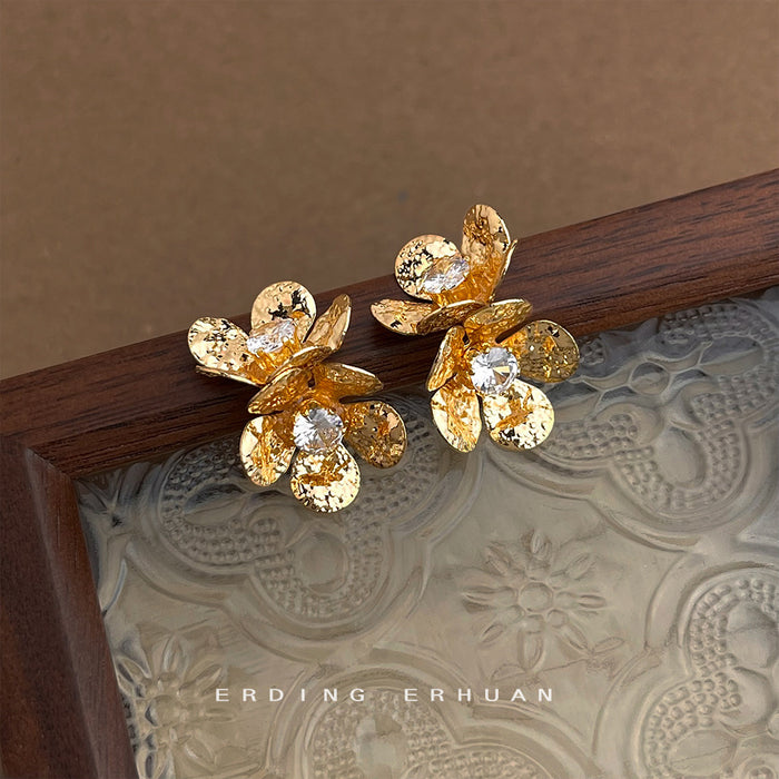 Gold Hammered Double Flower Stud Earrings Clear Crystal Centers