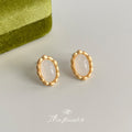Gold Matte Oval Stud Earrings White Cabochon Beaded Rim view 1