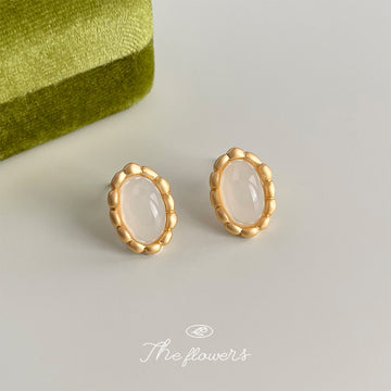 Gold Matte Oval Stud Earrings White Cabochon Beaded Rim