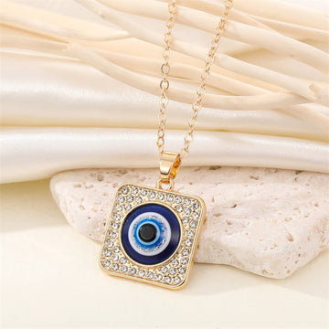 Gold Tone Square Crystal Halo Blue Evil Eye Pendant Necklace