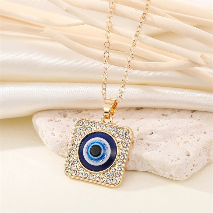Gold Tone Square Crystal Halo Blue Evil Eye Pendant Necklace