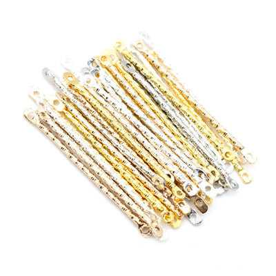 Overview of slim straight connector bars with textured shafts and loops at both ends in several finishes