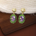 Green and Purple Floral Oval Gold Tone Stud Earrings view 3