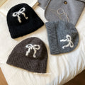 Fuzzy Bow Motif Knit Beanie Hat In Gray And Black Tones view 4