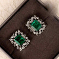 Green Rectangular Center Crystal Halo Stud Earrings Silver Tone view 1