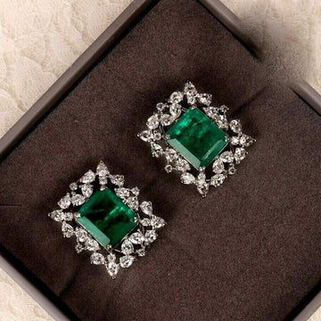 Green Rectangular Center Crystal Halo Stud Earrings Silver Tone