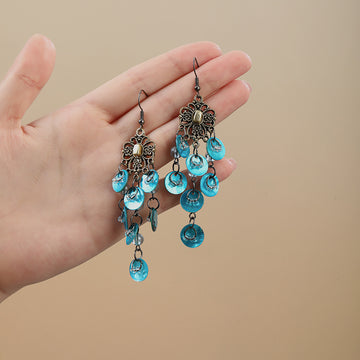 Blue and White Shell Disc Antique Tone Tassel Earrings
