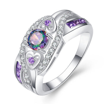 Iridescent Round Stone Heart Multi-Rail Wide Ring In Silver Tone