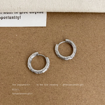 Silver Textured Bark Huggie Hoop Earrings Round Pair