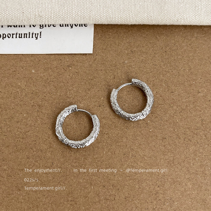 Silver Textured Bark Huggie Hoop Earrings Round Pair