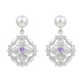 Silver Pearl Stud Filigree Drop Earrings With Purple Center view 5