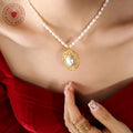 Gold Textured Pearl Pendant Necklace Stud Earrings Styles view 3