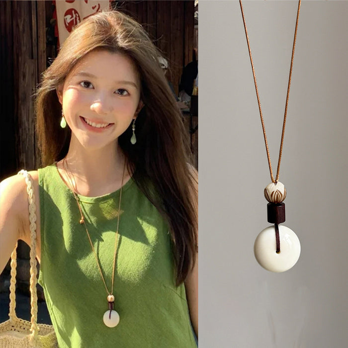 Brown Cord White Bi Disc Pendant Necklace Wood Lotus Bead