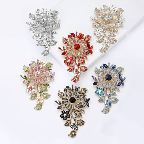 Six color crystal flower branch brooches group display