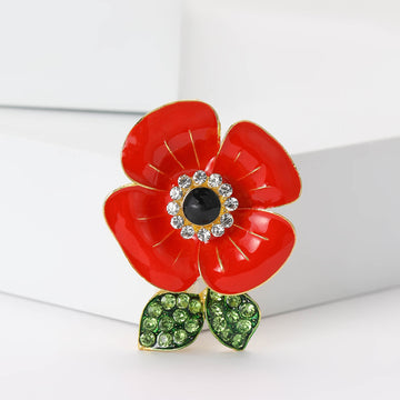 Red Enamel Poppy Flower Brooch With Green Crystal Leaves
