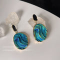 Black Top Blue Green Textured Rough Disc Drop Stud Earrings view 4