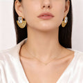Gold Textured Fan Glass Stone Necklace And Stud Earrings view 3