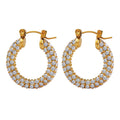 Gold And Steel Pave Zircon U-Shape Hoop Earrings Pair view 5