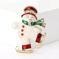 White Enamel Skating Snowman Brooch Red Hat Green Scarf view 6
