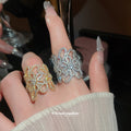 Silver Gold Openwork Flower Pave Crystal Wide Open Rings view 1