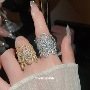 Silver Gold Openwork Flower Pave Crystal Wide Open Rings
