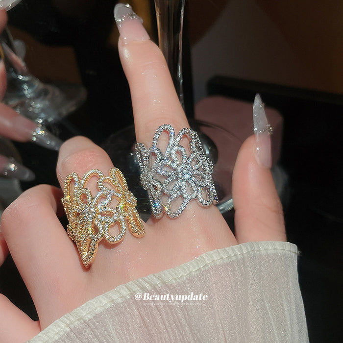 Silver Gold Openwork Flower Pave Crystal Wide Open Rings