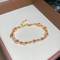 Gold Pink Halo Link Bracelet and Blue Flower Open Cuff view 6