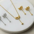 Bow Heart Drop Necklace And Bow Ball Drop Stud Earrings view 2