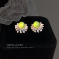 Gold Tone Clear Stone Sunburst And Green Round Stud Earrings view 3