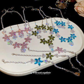 Silver Tone Blue Pink Or Green Flower Necklace Bracelet And Earrings