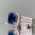 Deep Blue Cushion Solitaire Triple-Row Halo Ring In Silver Tone view 2