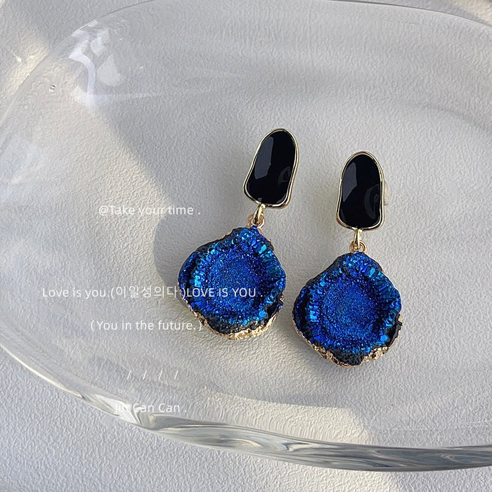 Black Irregular Top And Cobalt Blue Rough Disc Drop Stud Earrings