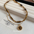Gold Double Layer Tiger Eye Bar Sphere Pendant Necklace view 2