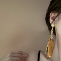 Gold Tone Layered Feather Long Drop Statement Stud Earrings view 2