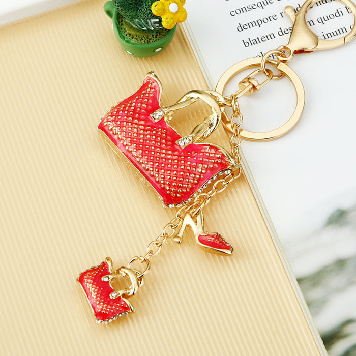 Jeweled Red and Blue Handbag Keychains with Long Dangle Accents