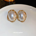 Oval Pearl Gold Tone Framed Stud Earrings Fashion Jewelry view 4