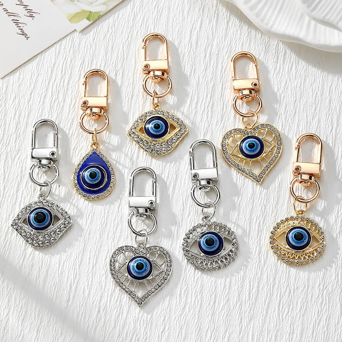 Rhinestone Blue Evil Eye Snap-Hook Keychains in Seven Shapes and Finishes