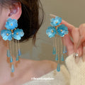 Black Floral Drop Earrings with Beaded Tassel Strands view 3