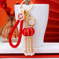 Red Enamel Lantern Keychain with Chain Tassels and Pearl Like Drops view 3