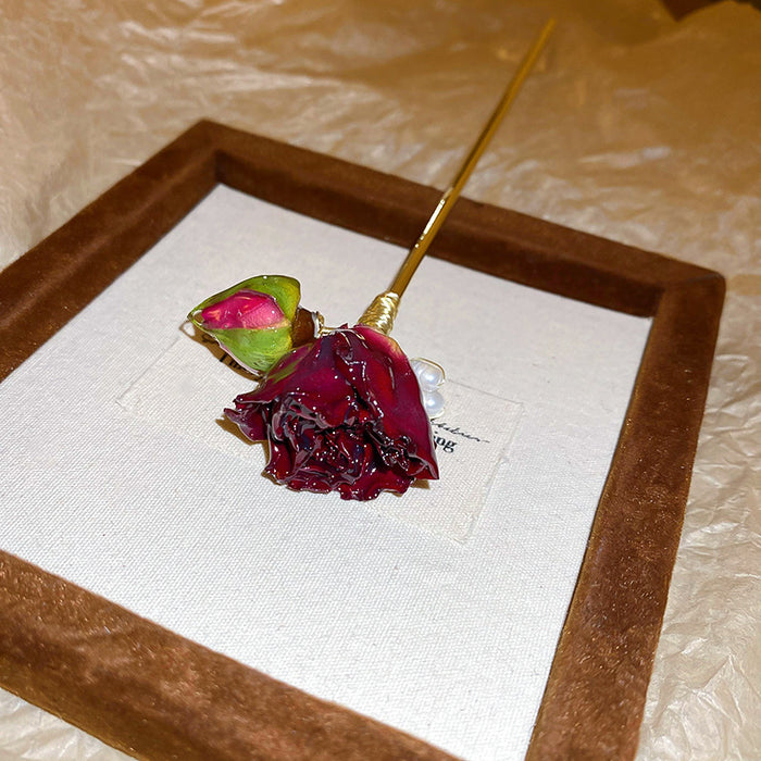 Gold Tone Long Hair Stick With Deep Red Rose And Bud
