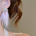 Pink and White Feather Crystal Tassel Stud Earrings view 3
