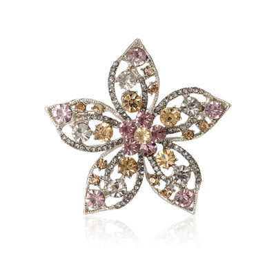 Front view of open petal crystal flower brooch in three metal tones