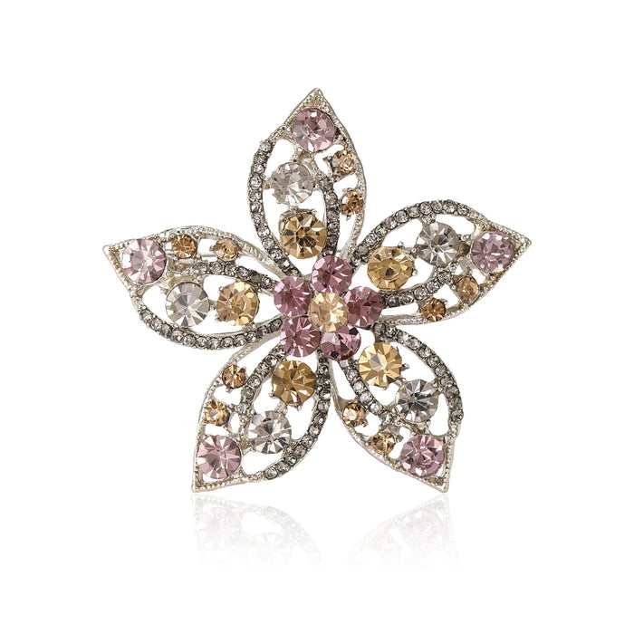 Open Petal Crystal Flower Brooch in Three Metal Tones