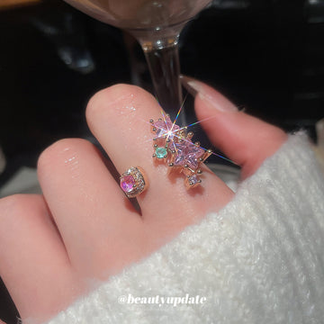 Gold Pink Star Crystal Open Ring Adjustable Dual End