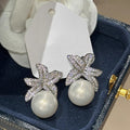 Silver Tone Flower Leaf Clear CZ Pearl Drop Earrings view 1