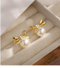 Polished Bow Pearl Drop Stud Earrings In Two Metal Tones view 6