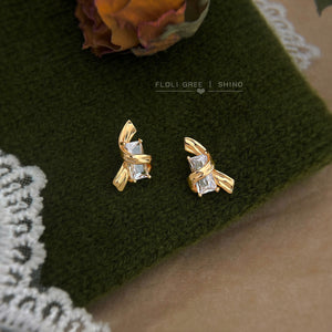Gold-Tone Ribbon Wrap Dual Rectangle CZ Stud Earrings