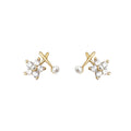 Gold Tone Clear Stone Flower White Pearl And Branch Stud Earrings view 5